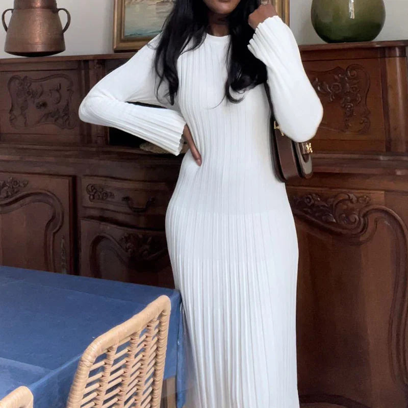 Ribbed Knit Crew Neck Lettuce Hem Long Sleeve Maxi Dress