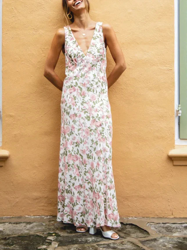 V-Neck Lace Trim Tomato Print Sleeveless Bodycon Midi Dress