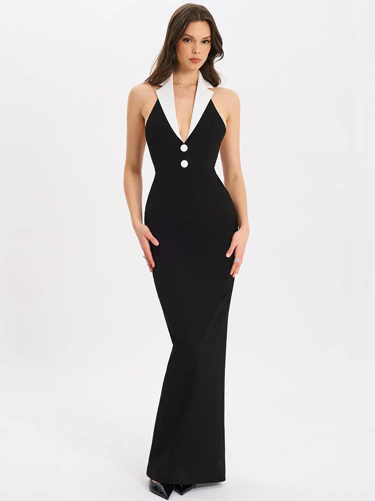 Color Block Notched Lapel Halter Deep V-Neck Maxi Dress