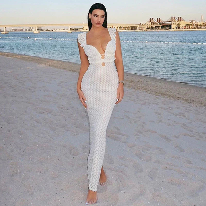 Textured Ruffle Strap Deep V-Neck Cut Out Bodycon Maxi Dress
