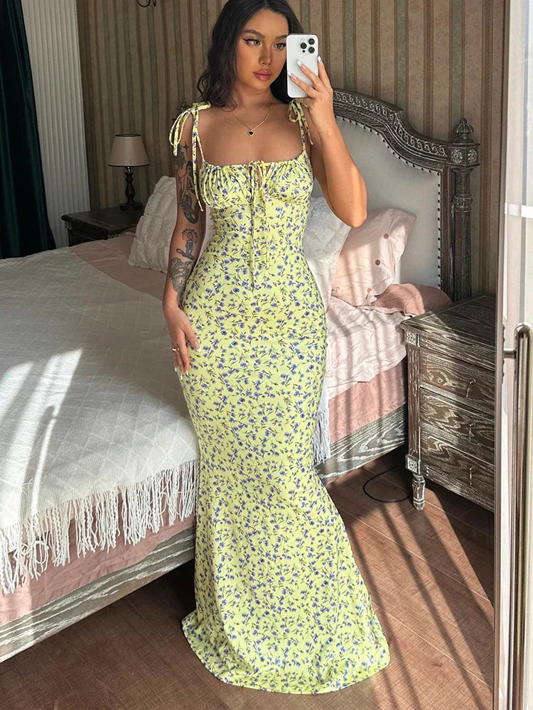 Floral Print Spaghetti Strap Sweetheart Lace Up Backless Maxi Dress