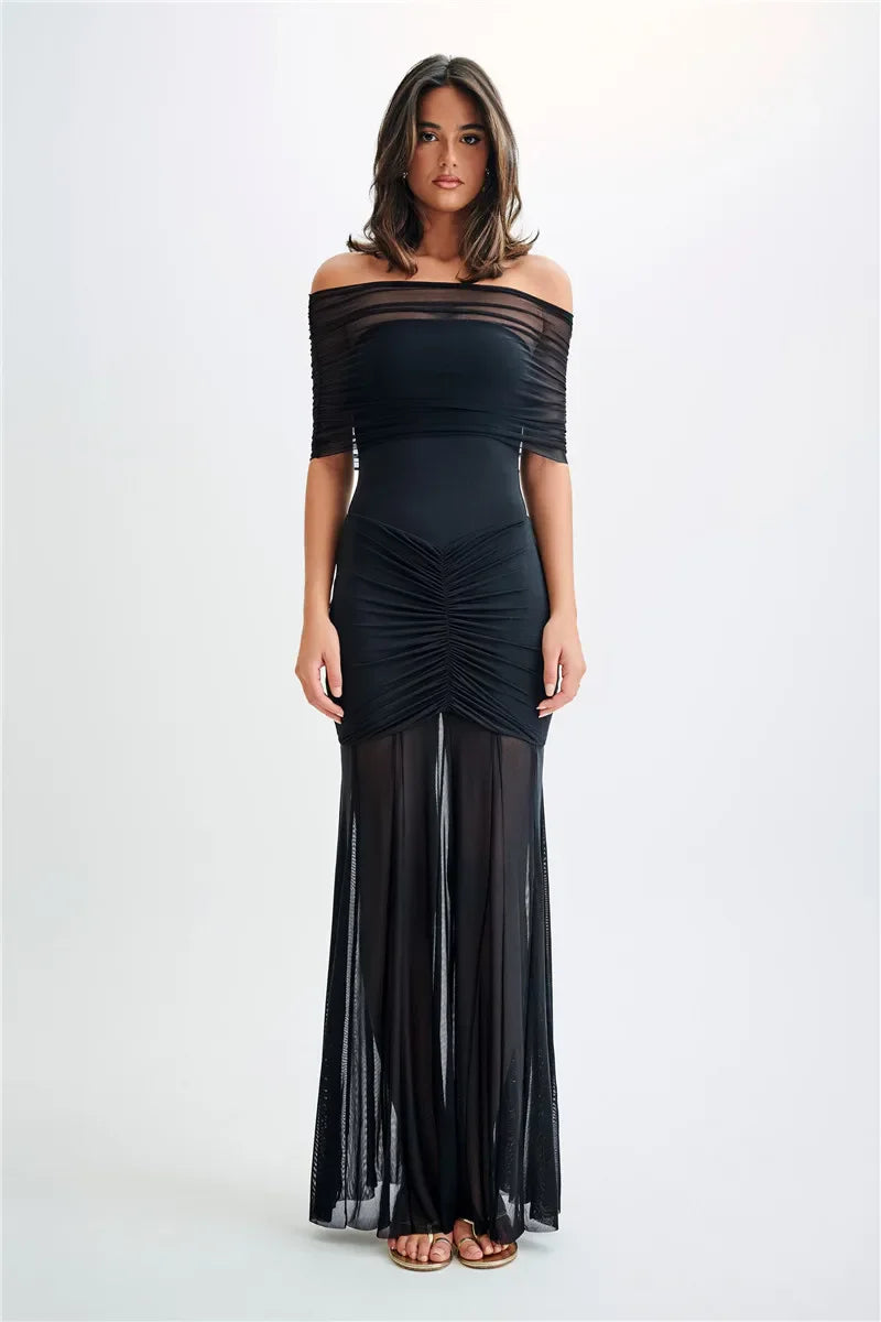 Off Shoulder Mesh Ruched Overlay Ruffle Hem Bodycon Mini Dress