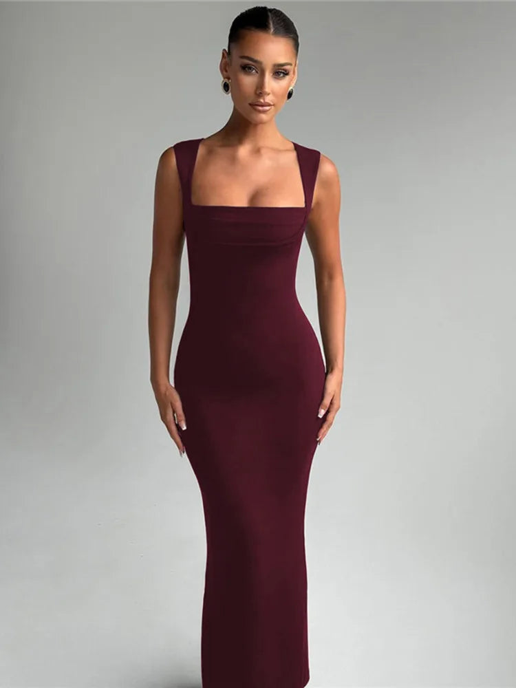 Square Neck Draped Bust Tank Strap Bodycon Maxi Dress