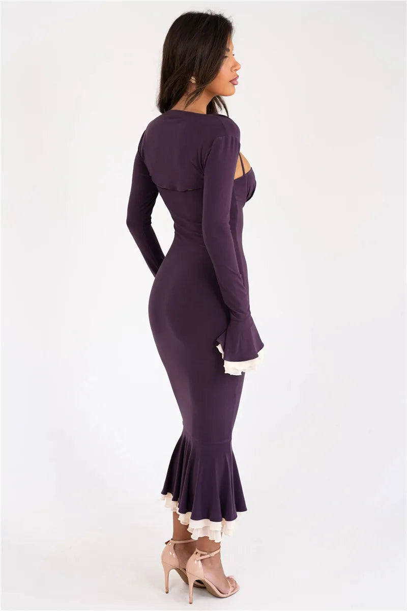 Spaghetti Strap Sweetheart Bolero Bell Sleeve Ruffle Fishtail Midi Dress