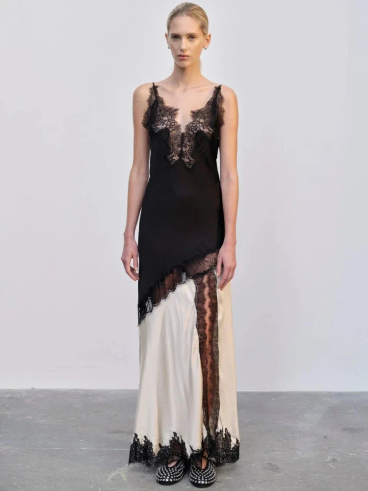Lace Trim Colorblock Panel Spaghetti Strap High Split Maxi Dress
