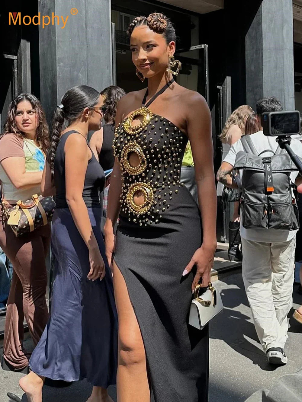 Halter Ring Cut Out Studded Thigh Slit Backless Maxi Gown