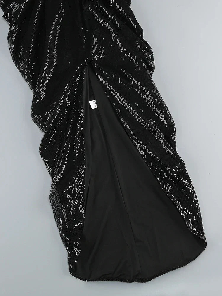 Sequin Square Neck Waist Cutout 3D Floral Applique Draped Wrap Slit Maxi Dress