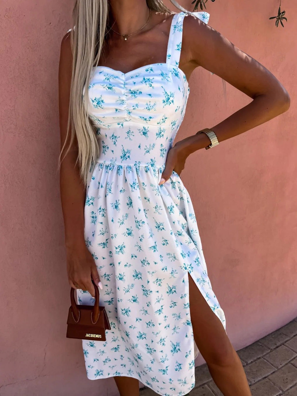 Bow Tie Shoulder Sweetheart Ruched Bust Floral Print High Slit Midi Dress