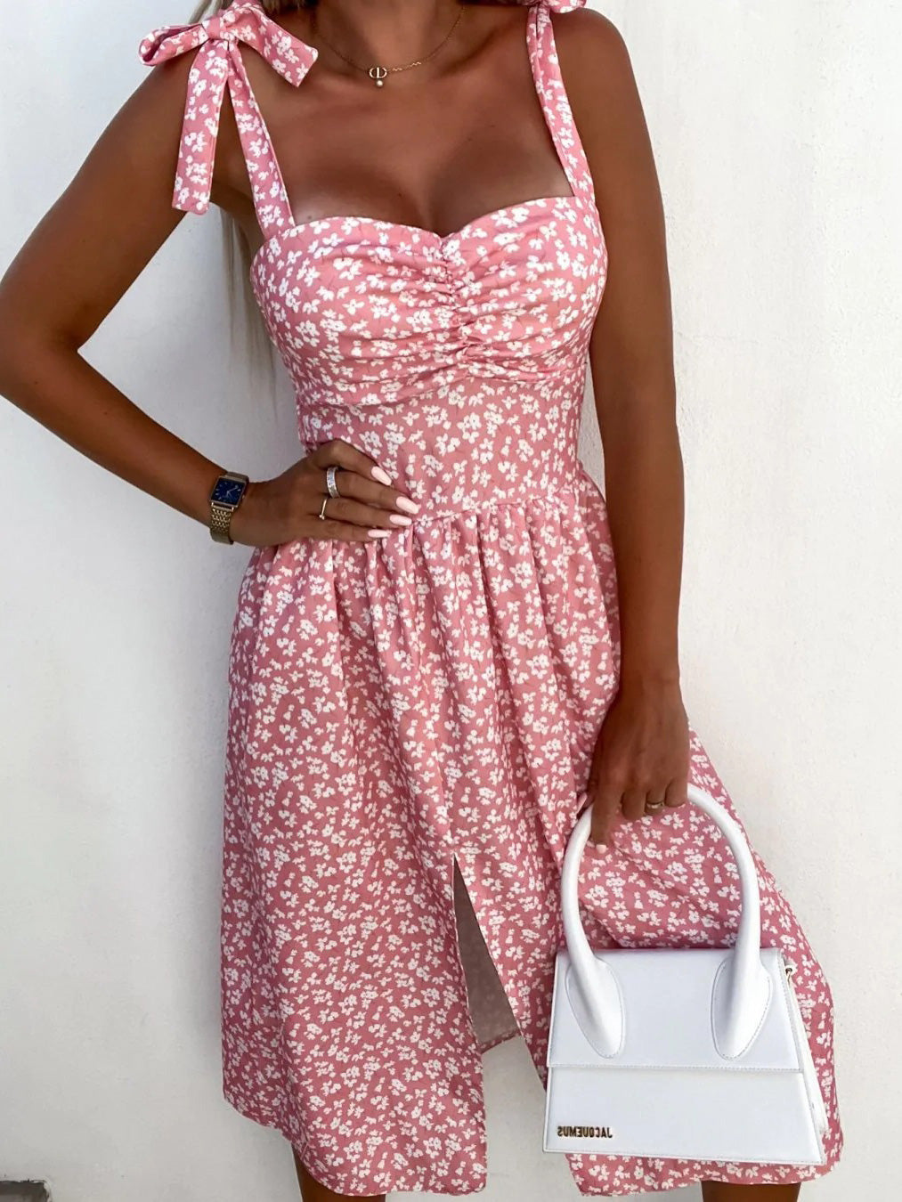 Bow Tie Shoulder Sweetheart Ruched Bust Floral Print High Slit Midi Dress