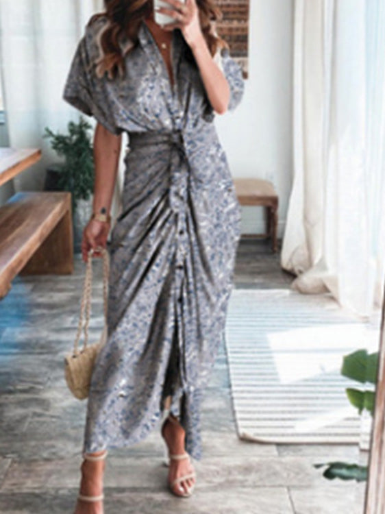 Abstract Print Button Front Tie Waist Kimono Sleeve Maxi Dress