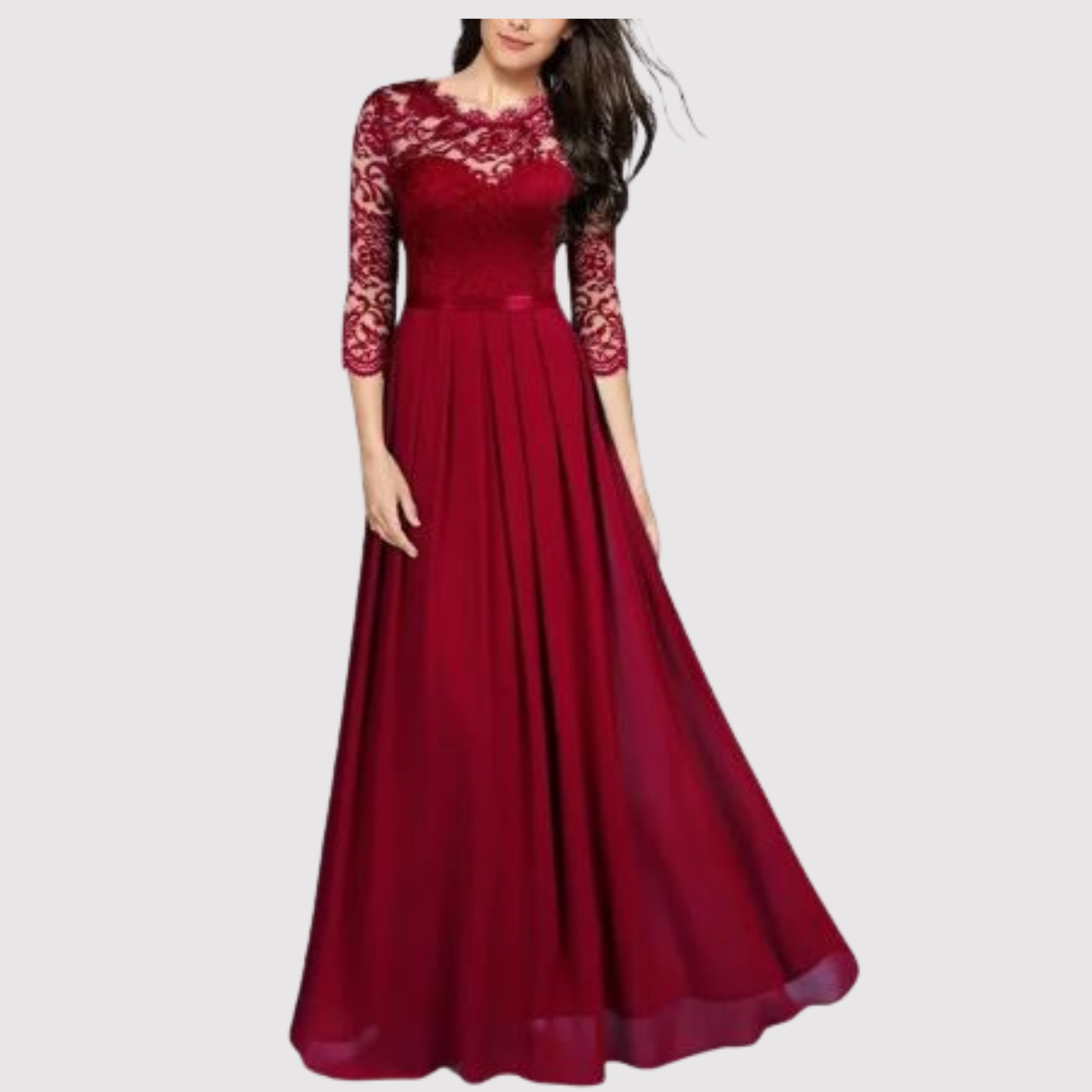 Lace Bodice Chiffon Pleated Skirt Three Quarter Sleeve Maxi Dress
