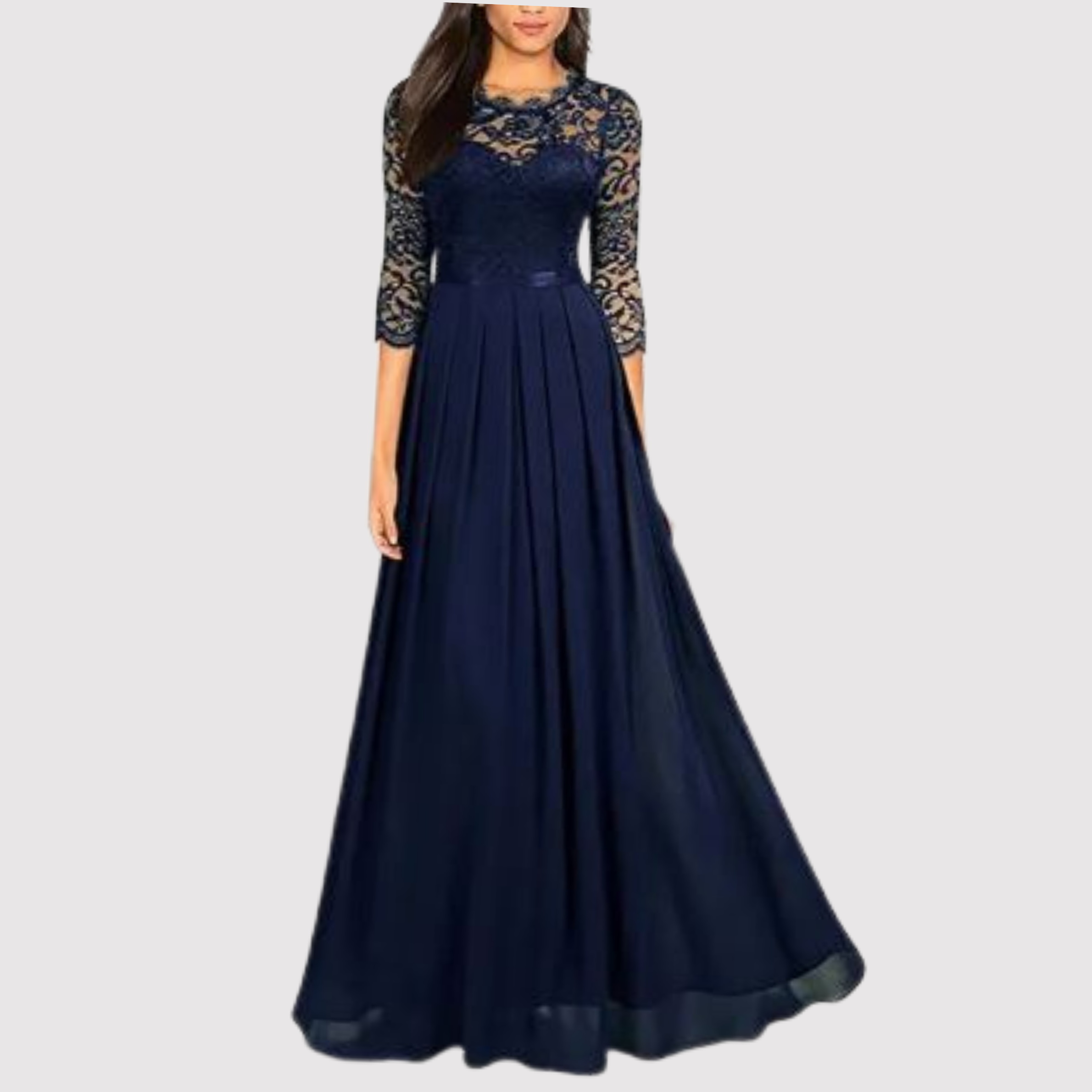 Lace Bodice Chiffon Pleated Skirt Three Quarter Sleeve Maxi Dress