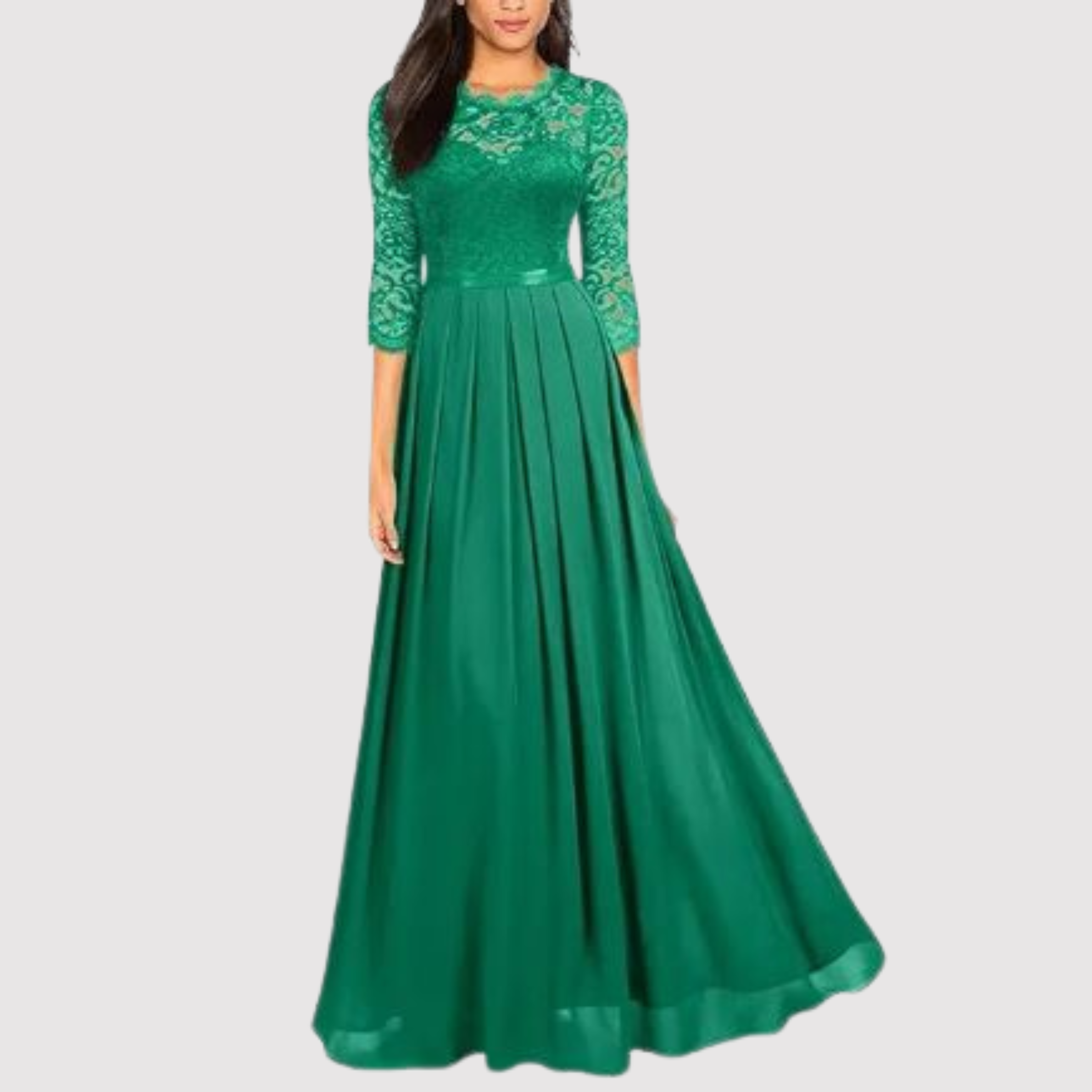 Lace Bodice Chiffon Pleated Skirt Three Quarter Sleeve Maxi Dress