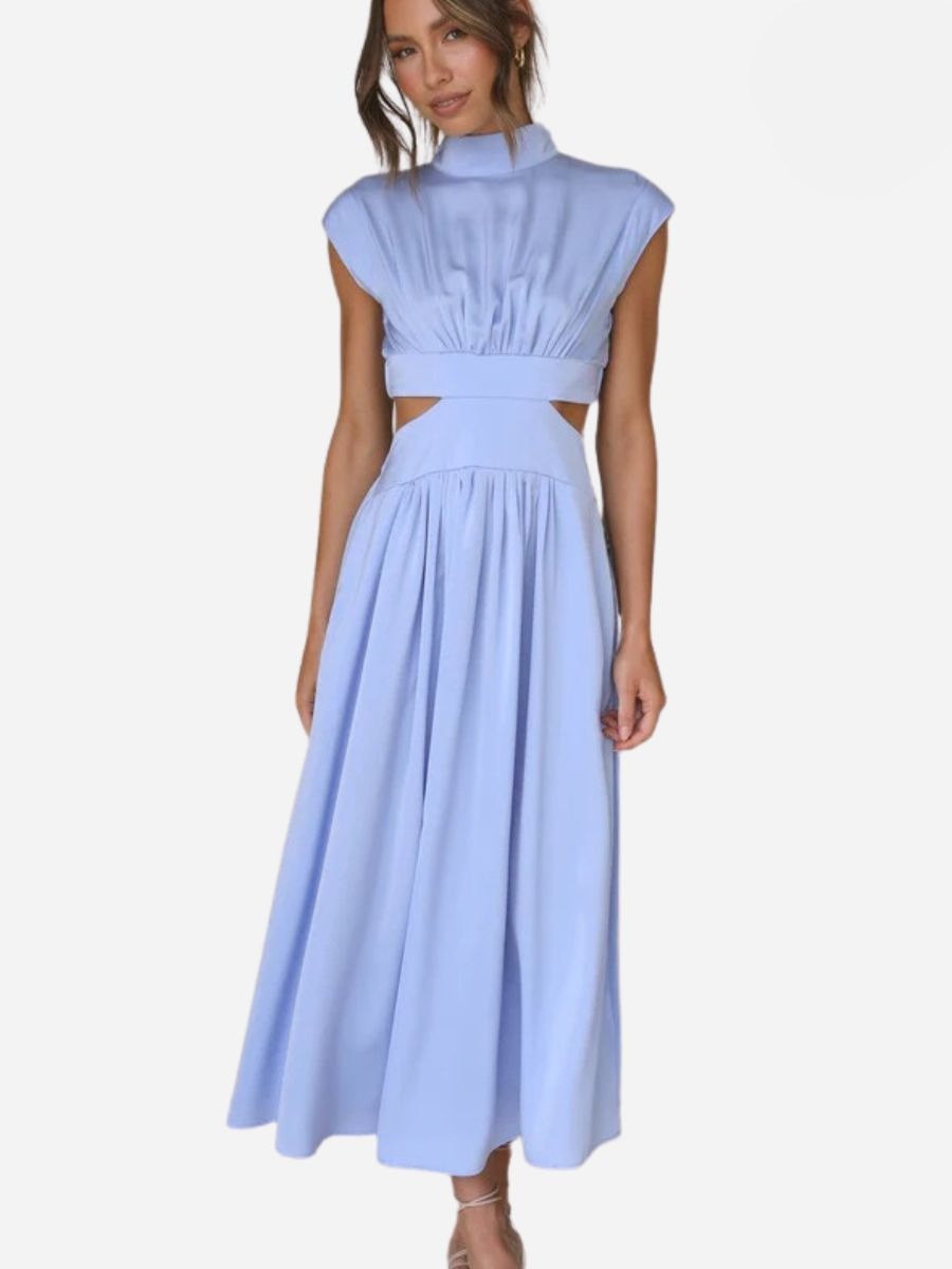 Mock Neck Cap Sleeve Side Cutout Pleated Bodice Flowy Maxi Dress