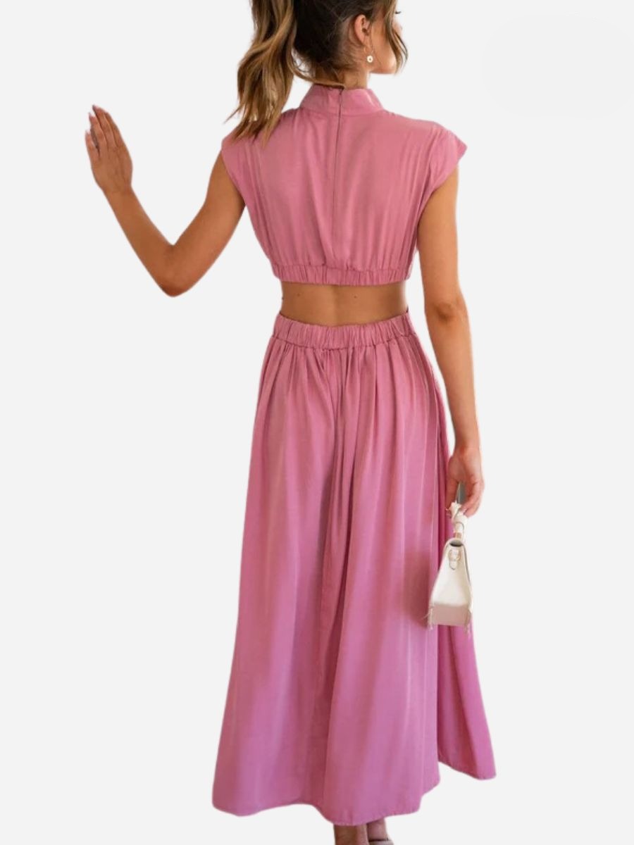 Mock Neck Cap Sleeve Side Cutout Pleated Bodice Flowy Maxi Dress