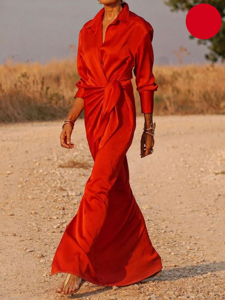 Satin Collared Long Sleeve Wrap Tie Waist High Split Maxi Shirt Dress