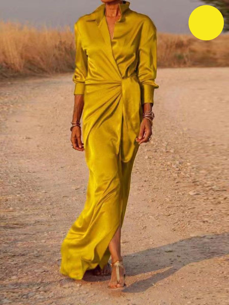Satin Collared Long Sleeve Wrap Tie Waist High Split Maxi Shirt Dress
