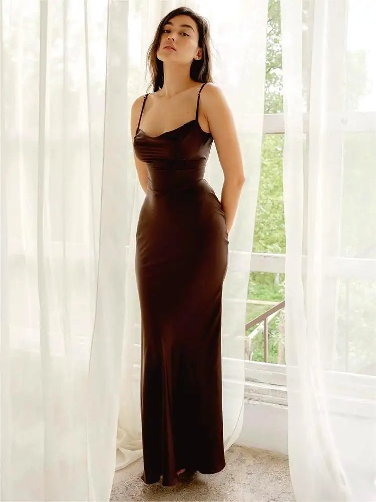 Satin Cowl Neck Spaghetti Strap Ruched Side Maxi Dress