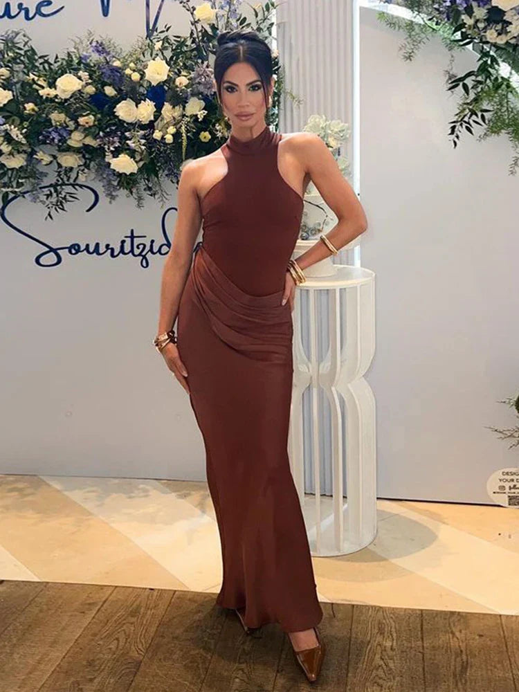 Satin Mock Neck Halter Bodycon Mini Dress Wrap Drape Cutout Maxi Dress