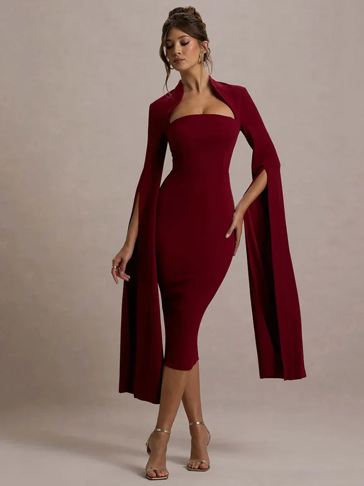 High Neck Cut Out Cape Sleeve Back Slit Bodycon Midi Dress