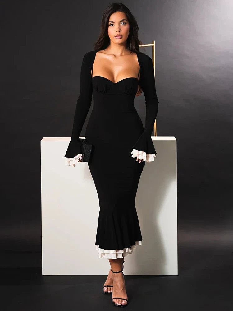 Spaghetti Strap Sweetheart Bolero Bell Sleeve Ruffle Fishtail Midi Dress