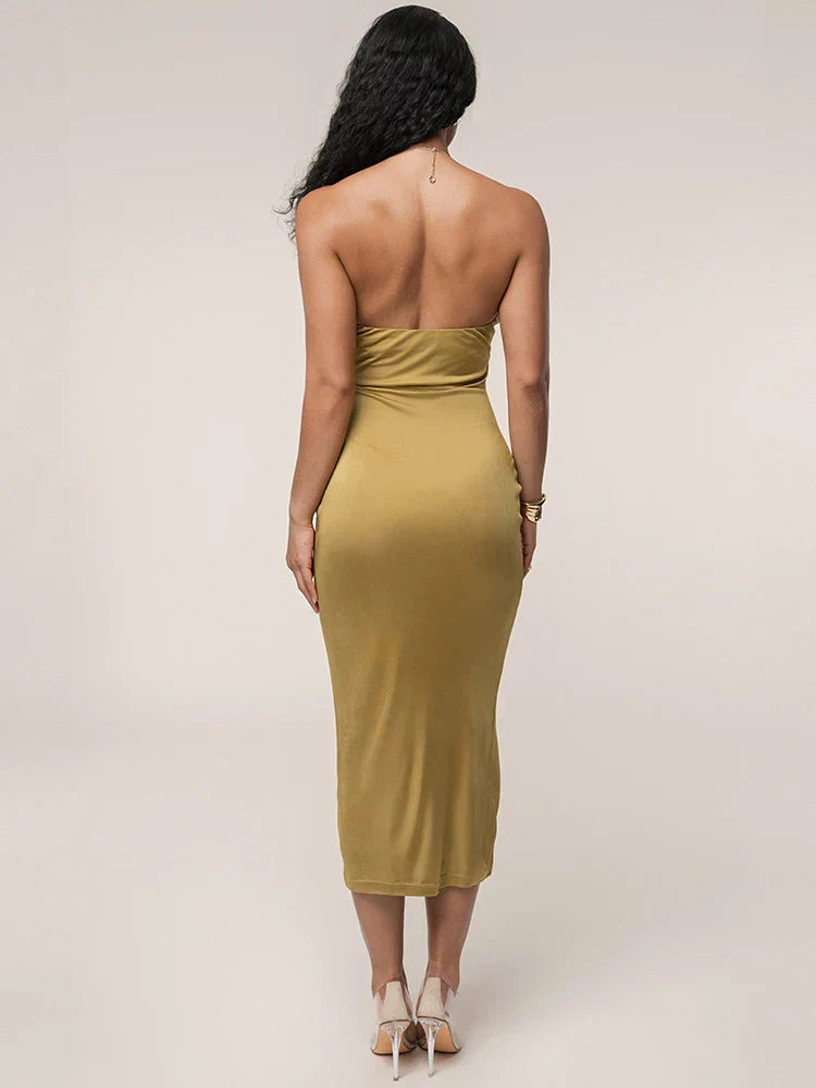 Ring Link Halter Midriff Cut Out Twist Front Bodycon Midi Dress