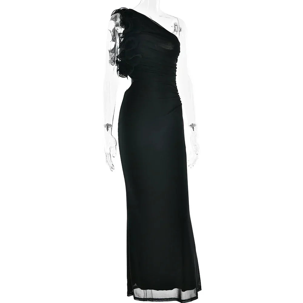 One-Shoulder Floral Ruffle Strap Ruched Side Cutout Mermaid Maxi Dress