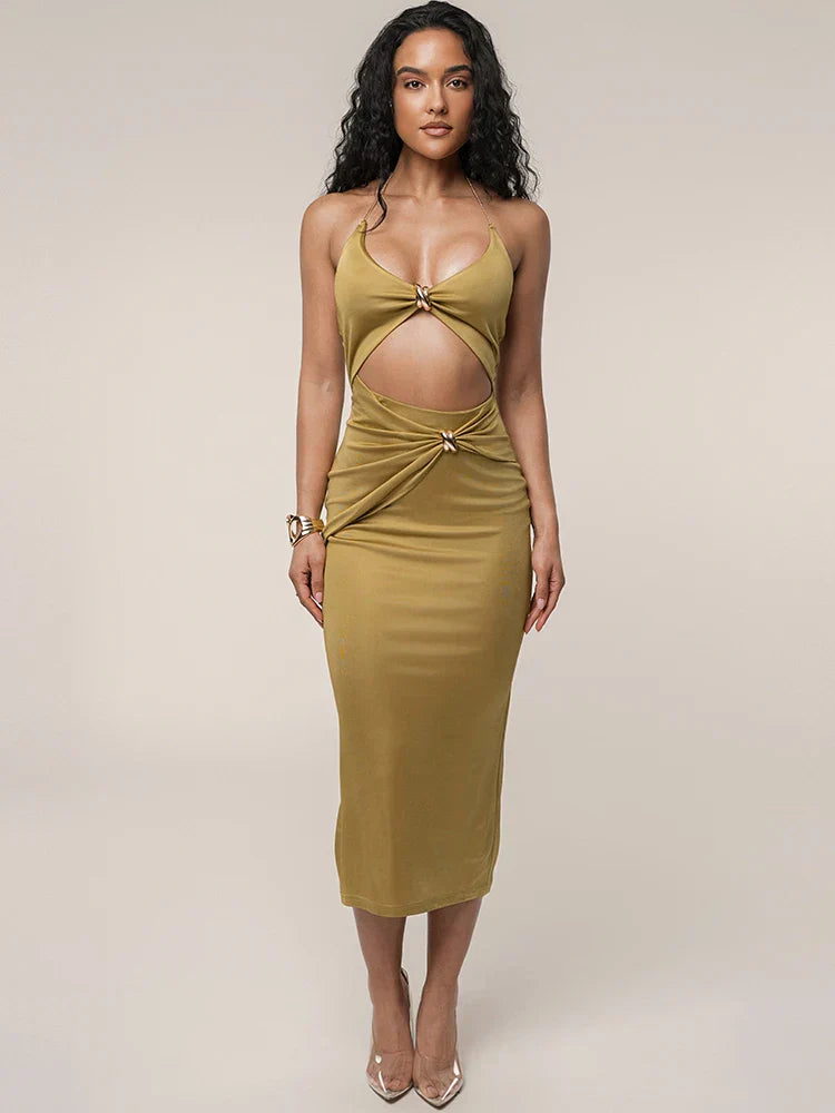 Ring Link Halter Midriff Cut Out Twist Front Bodycon Midi Dress