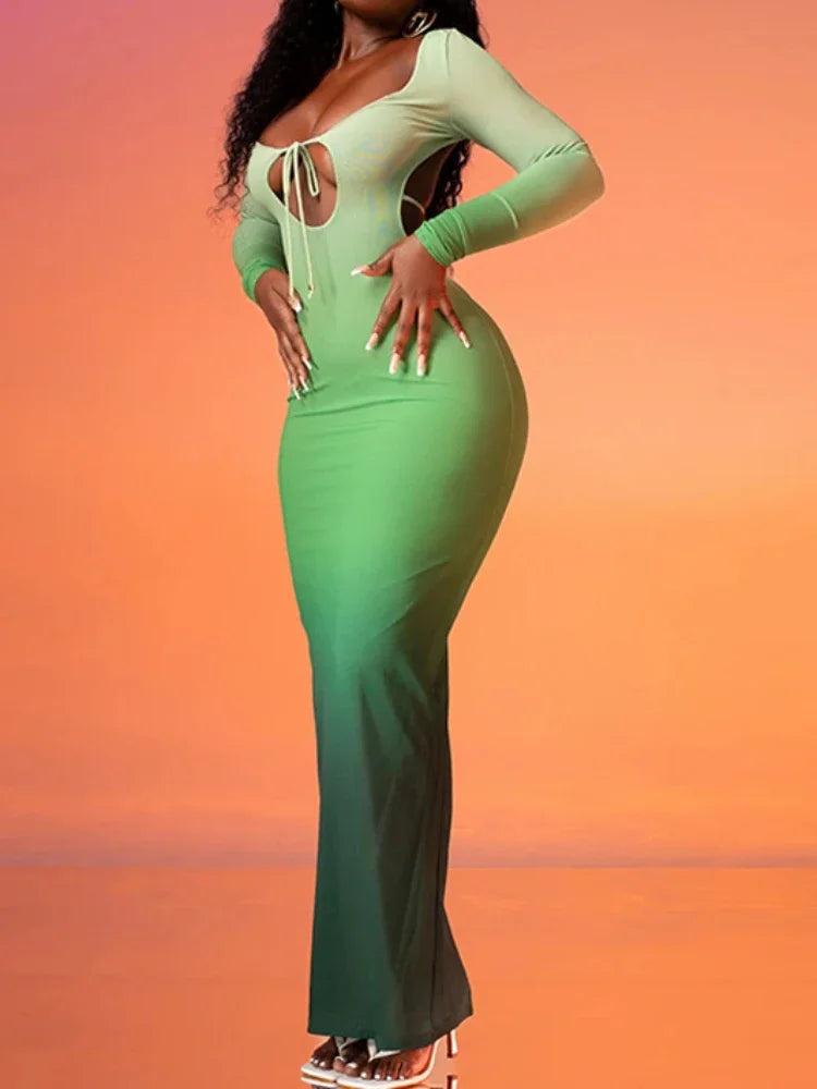 Long Sleeve Tie Front Keyhole Side Cut Out Bodycon Maxi Dress