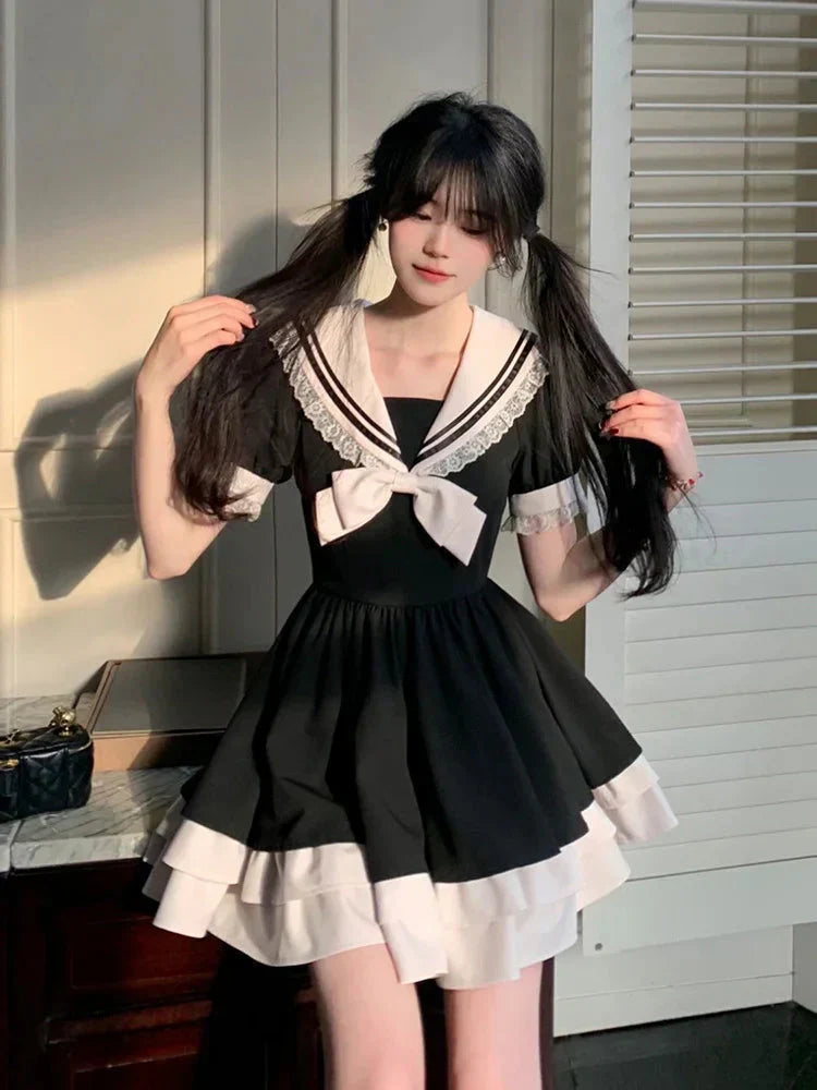 Sailor Collar Lace Trim Bow Tie Pleated Ruffle Hem Mini Dress