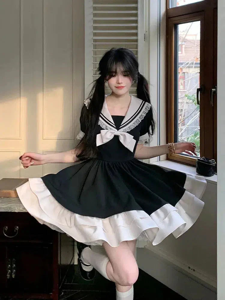 Sailor Collar Lace Trim Bow Tie Pleated Ruffle Hem Mini Dress
