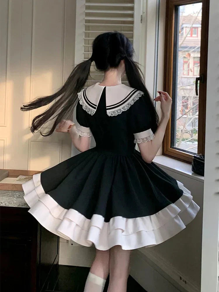 Sailor Collar Lace Trim Bow Tie Pleated Ruffle Hem Mini Dress