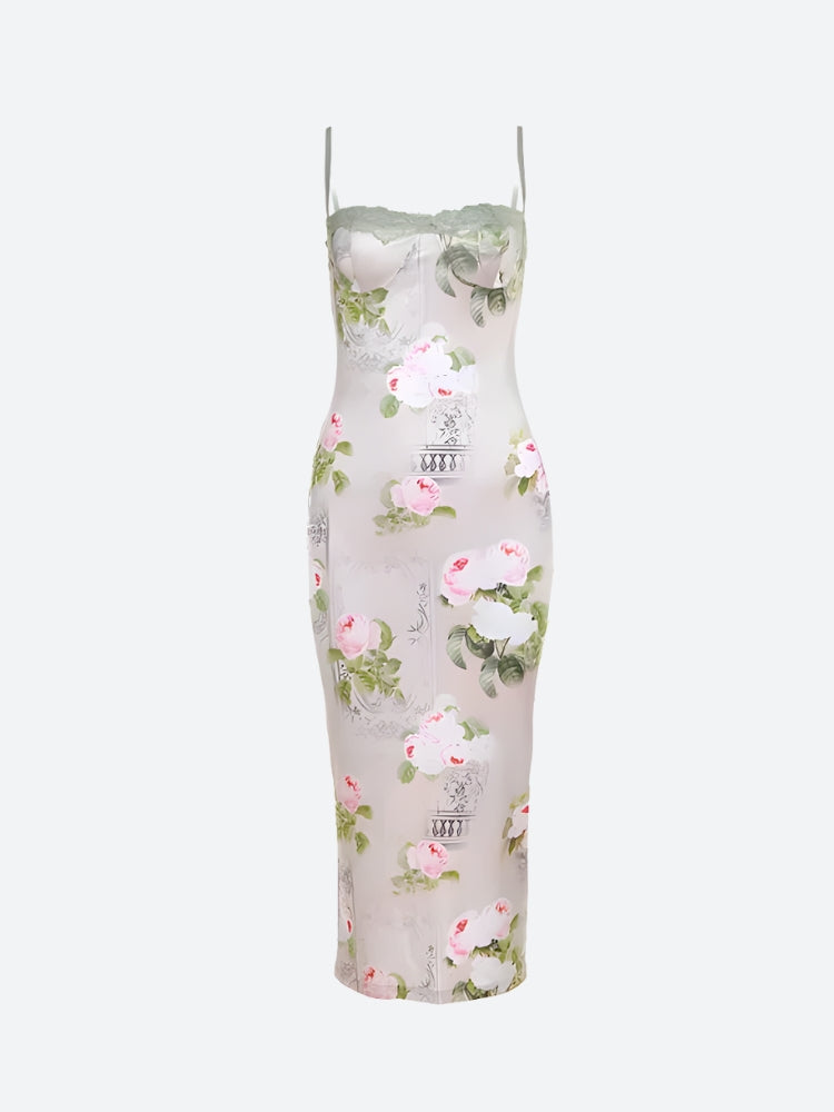 Lace Trim Square Neck Floral Print Satin Cami Midi Dress