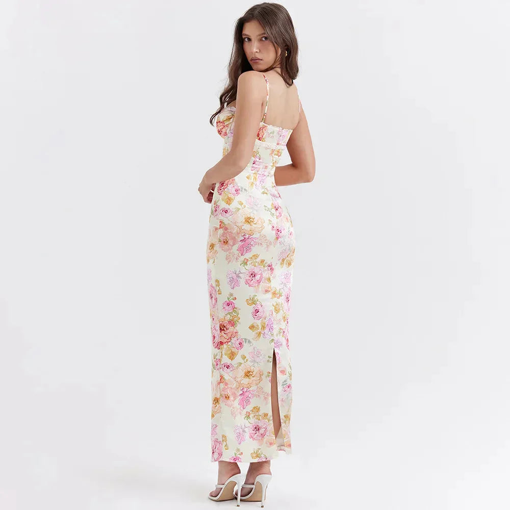 Floral Print Sweetheart Ruched Spaghetti Strap Satin Bodycon Maxi Dress