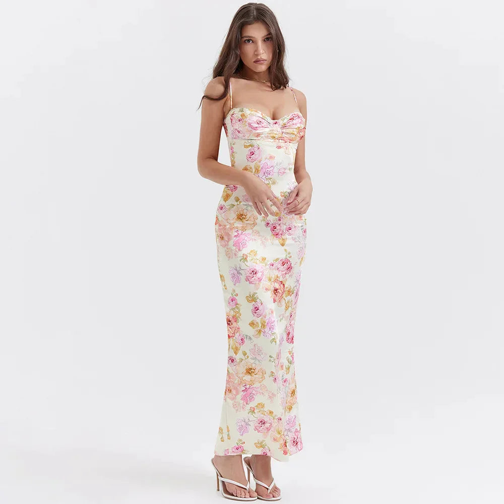 Floral Print Sweetheart Ruched Spaghetti Strap Satin Bodycon Maxi Dress