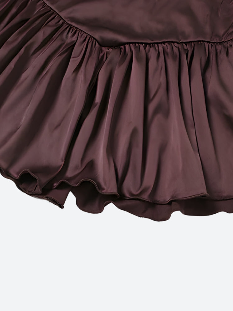 Satin Ruffle V Neck Tie Front Bell Sleeve Tiered Ruffle Mini Dress