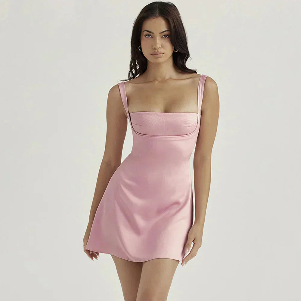 Square Neck Underwire Bust Wide Strap Satin Mini Dress