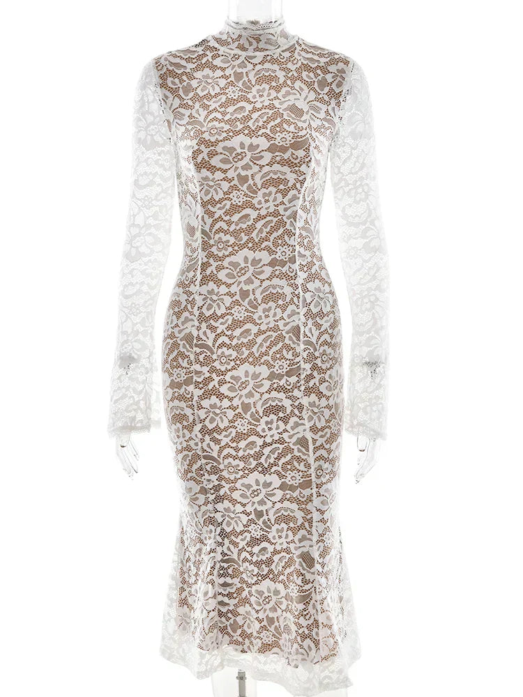 Floral Lace Mock Neck Long Sleeve Trumpet Hem Midi Dress