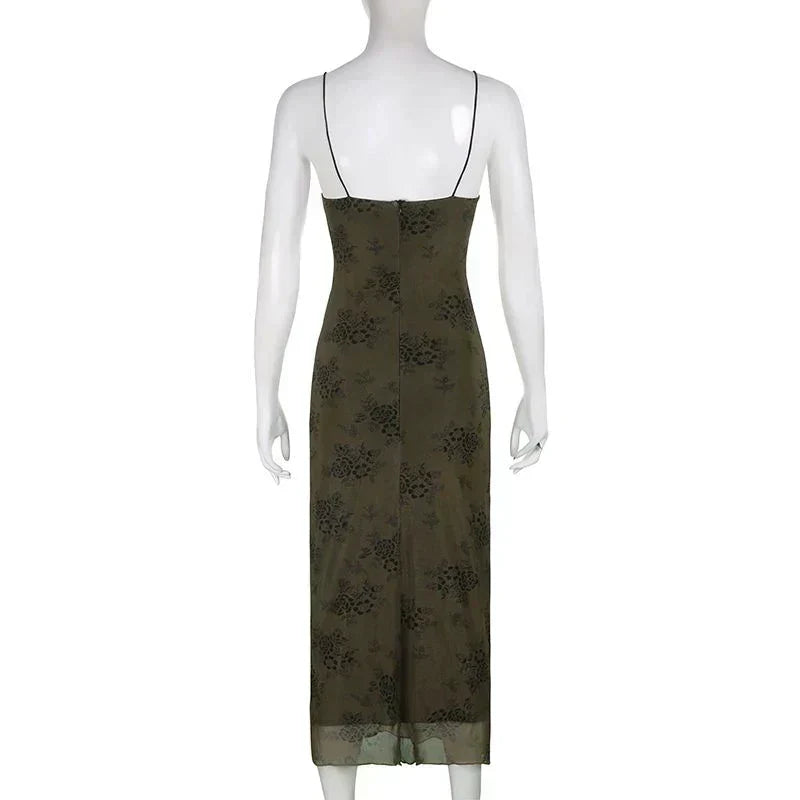 Floral Print Spaghetti Strap Lettuce-Hem Mesh Maxi Dress
