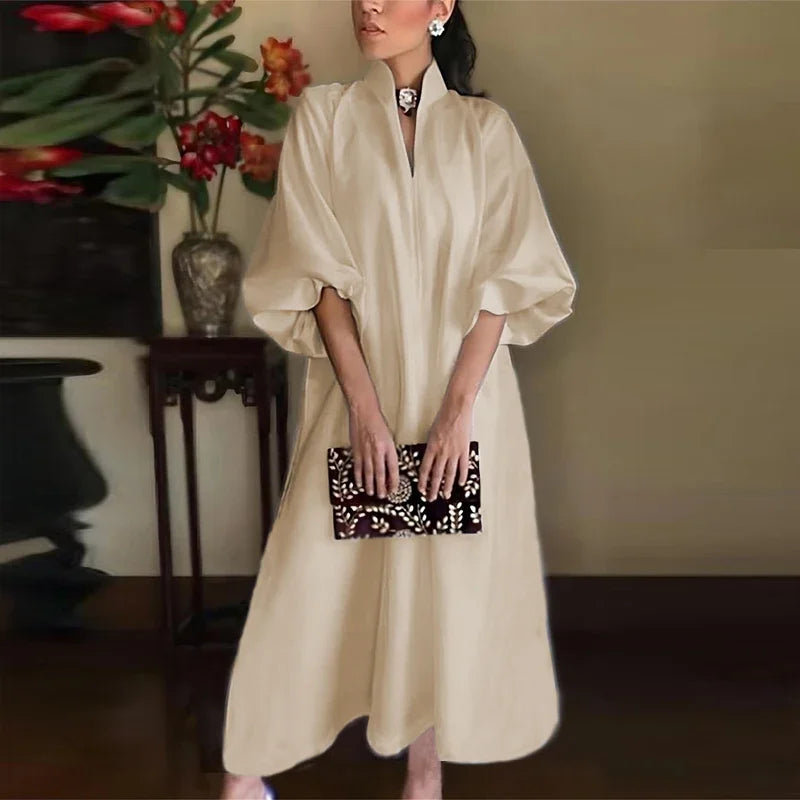 Stand Collar V-Neck Balloon Sleeve Oversized A-Line Maxi Dress