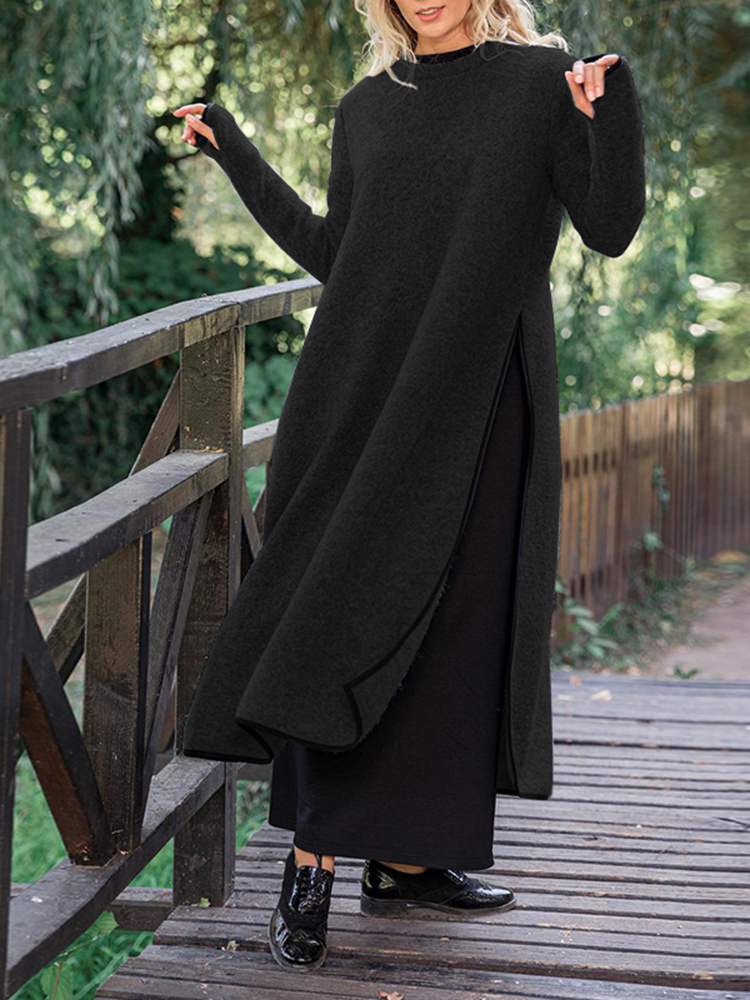 Knit Mock Neck Long Sleeve High Side Slit Oversized Maxi Sweater Dress