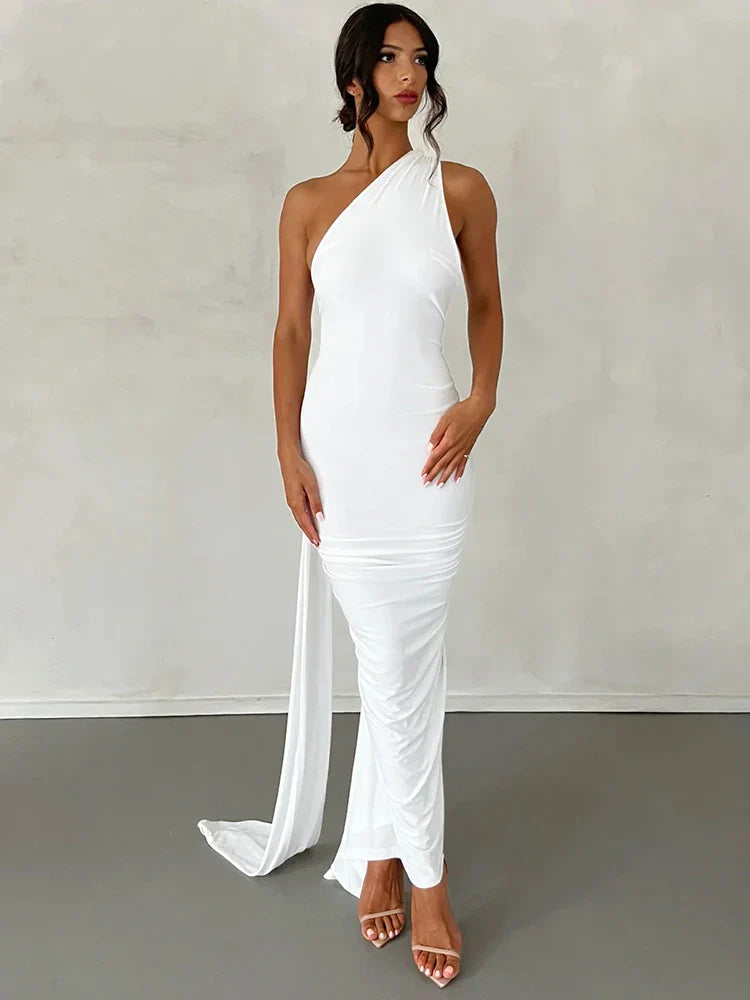Halter Neck Open Back Draped Sash Ruched Ring Detail Maxi Dress