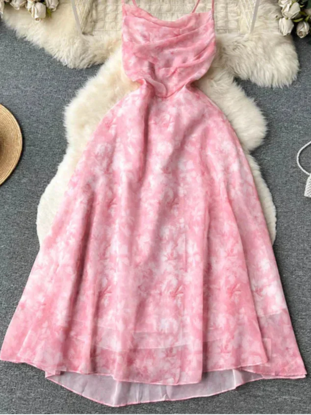 Floral Print Cowl Neck Spaghetti Strap Backless A-Line Midi Dress