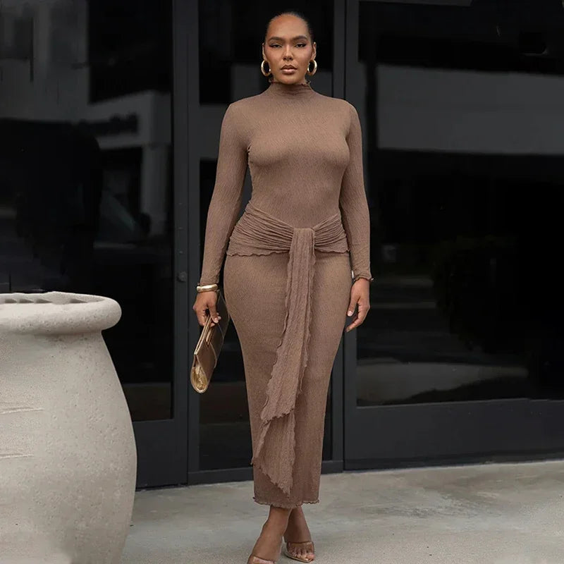 Mock Neck Long Sleeve Textured Knit Waist Tie Two Piece Set