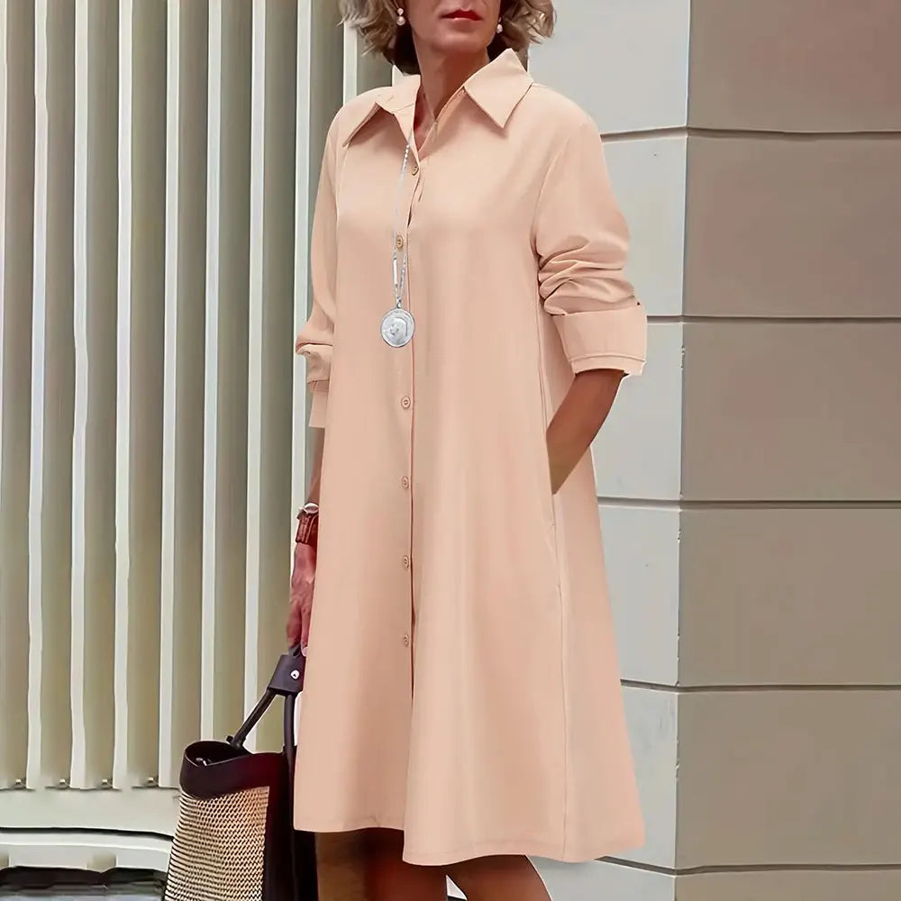 Collared Long Sleeve Button Down Patch Pocket Midi Shirt Dress