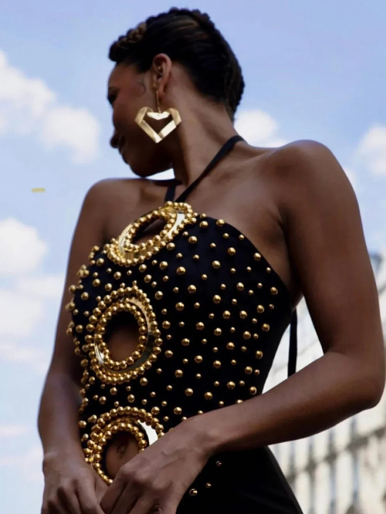 Halter Ring Cut Out Studded Thigh Slit Backless Maxi Gown