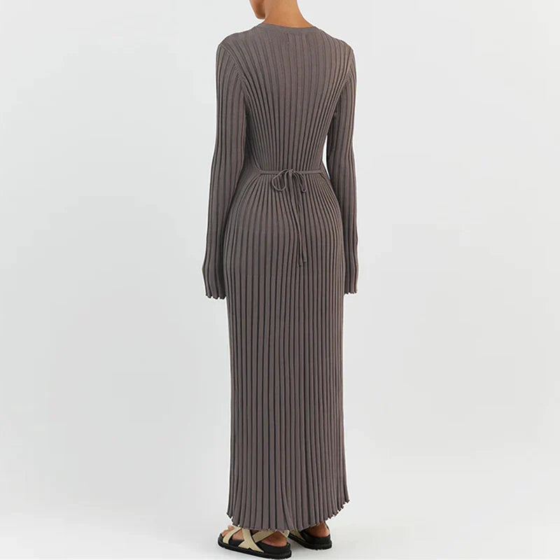 Ribbed Knit Crew Neck Lettuce Hem Long Sleeve Maxi Dress
