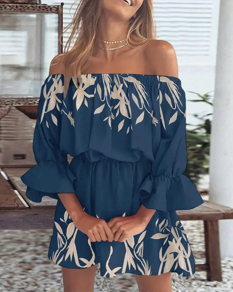Off Shoulder Floral Print Bell Sleeve Elastic Waist Ruffle Cuff Mini Dress