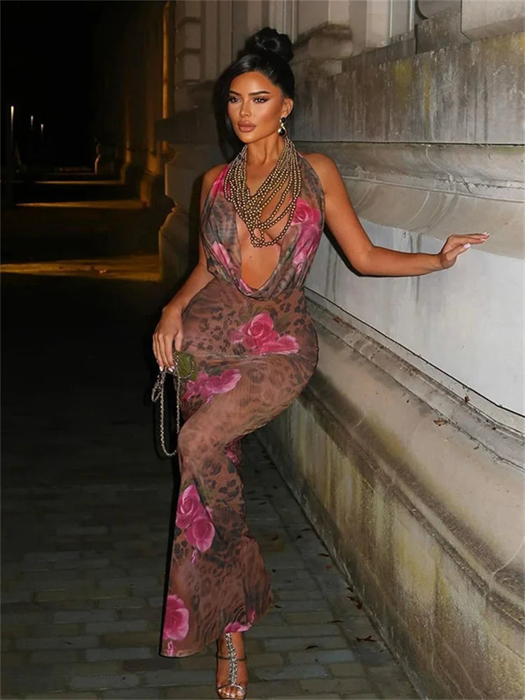 Floral Print Halter Neck Cowl Plunge Mesh Bodycon Maxi Dress