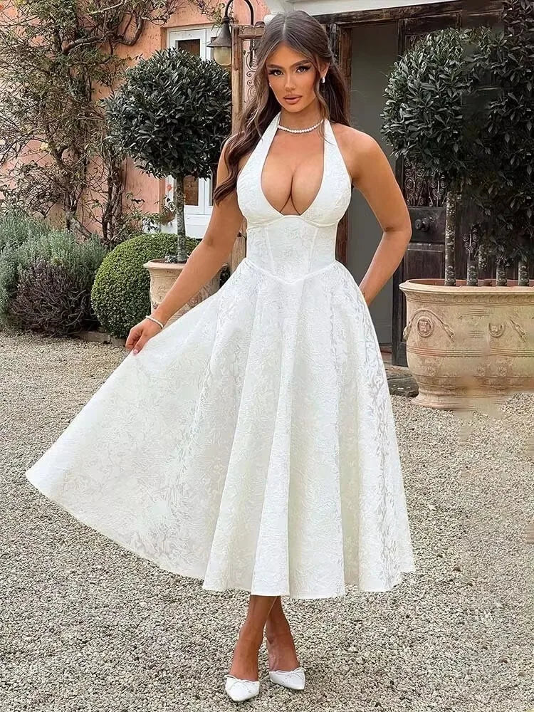 Jacquard Strapless Bow Back Fit and Flare Mini Dress
